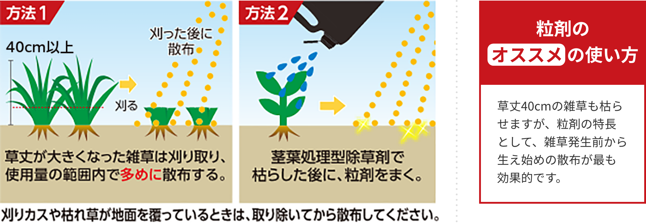 方法1 40cm以上刈った後に散布 草丈が大きくなった雑草は刈り取り、使用量の範囲内で多めに散布する。 方法2 茎葉処理型除草剤で枯らした後に、粒剤をまく。 刈りカスや枯れ草が地面を覆っているときは、取り除いてから散布してください。 粒剤のオススメの使い方 草丈40cmの雑草も枯らせますが、粒剤の特長として、雑草発生前から生え始めの散布が最も効果的です。