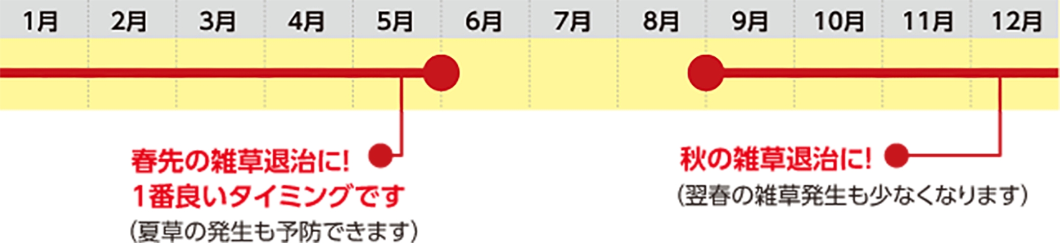 1月から5月 春先の雑草退治に!1番良いタイミングです(夏草の発生も予防できます) 9月から12月 秋の雑草退治に!(翌春の雑草発生も少なくなります)