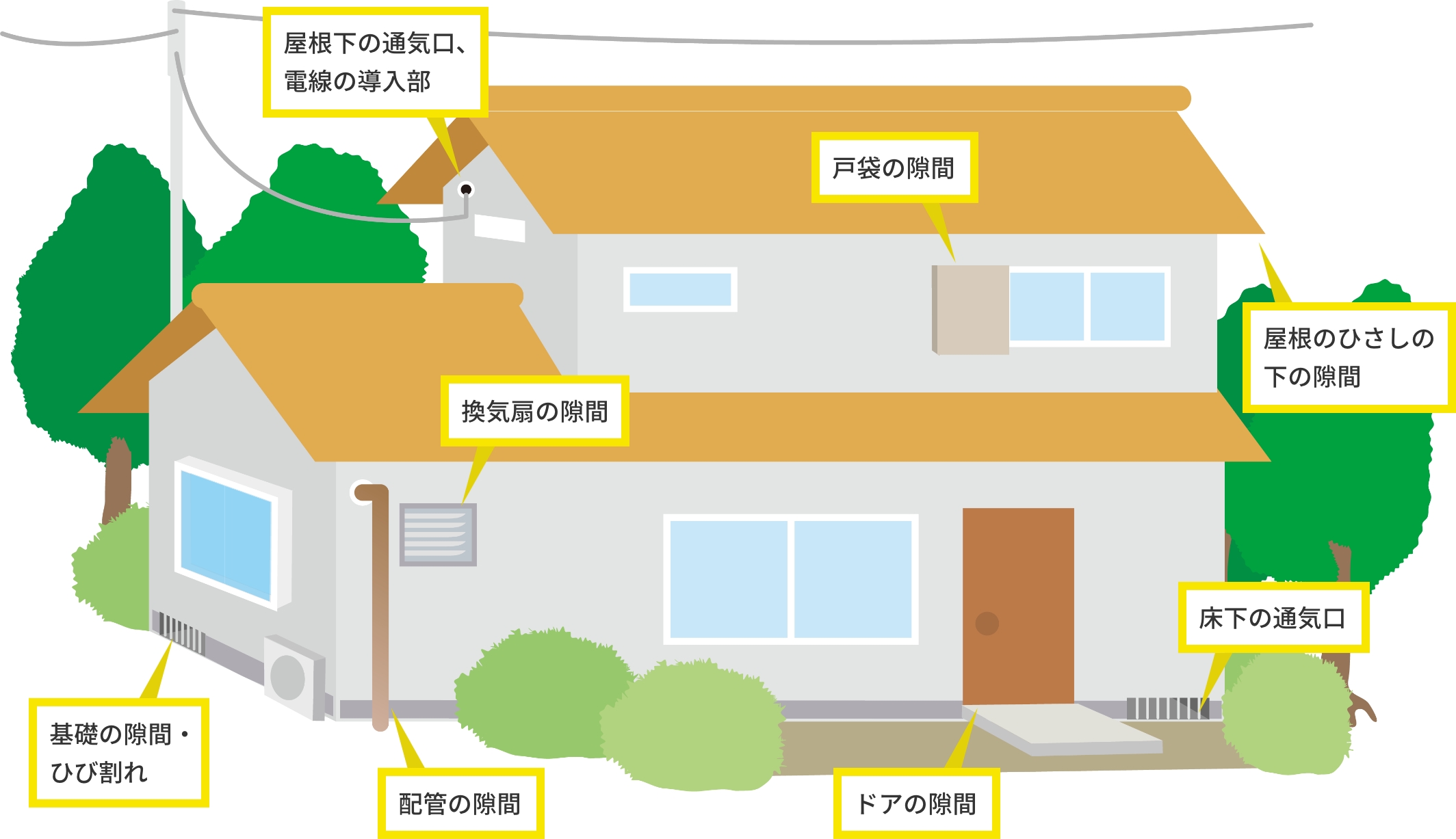 屋根下の通気口、電線の導入部 戸袋の隙間 換気扇の隙間 屋根のひさしの下の隙間 基礎の隙間・ひび割れ 配管の隙間 ドアの隙間 床下の通気口